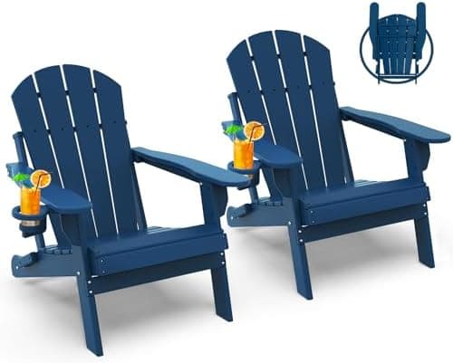 GREENVINES Folding-Adirondack-Chairs-Set-of-2 | HDPE Plastic | Fire Pit Chair | All Weather | Cup Holder | Blue | for Deck…