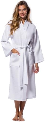 Turquaz Lightweight Waffle Knit Kimono Bathrobe - Soft Cotton Blend Spa Robe, Fast-Drying Full-Length Unisex Robes for Women