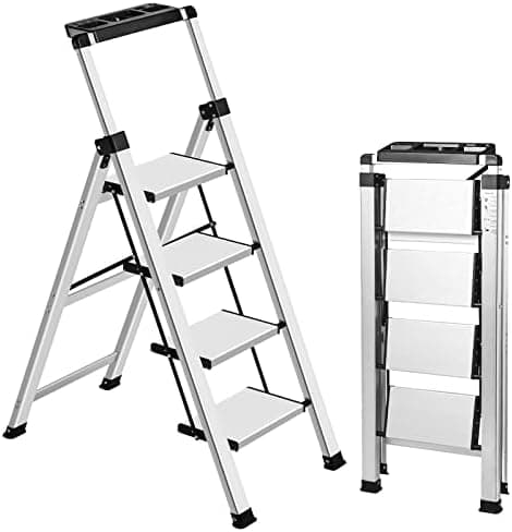 XinSunho 4 Step Ladder, Retractable Handgrip Folding Step Stool with Anti-Slip Wide Pedal, Aluminum Stool Ladders 4 Steps, 330lbs…