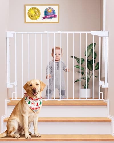 Cumbor 29.2–43" Baby Gate for Stairs, Hardware Mounted (Drill Required), Expandable No Bottom Bar…
