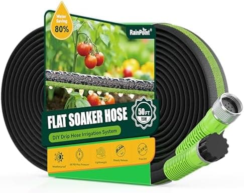 RAINPOINT 50FT Flat Soaker Hose, Flexible & Leakproof Drip Hose with Anodized Aluminum Fittings, Double Layer 80% Water-Saving…