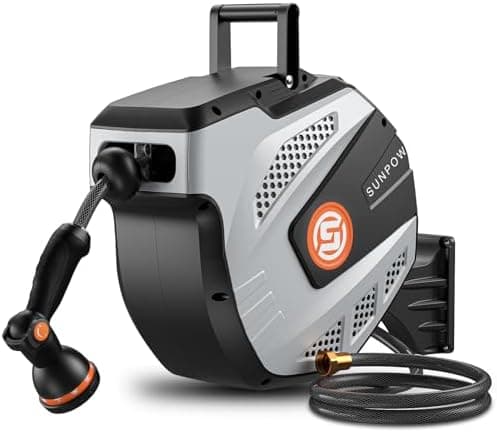 SUNPOW Retractable Garden Hose Reel - 1/2 inch x 50ft Heavy Duty Wall Mounted Hose Reel with 3/4 inch Brass Fitting & 10 Sprayer…