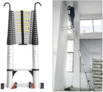 JADDUO Telescoping Ladder 26.2 FT, 330LBS Heavy Duty, Silver | High reach with removable hooks, a wide stabilizer bar and wheels