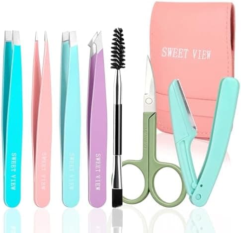 SWEET VIEW 7pcs Eyebrow Tweezers Kit for Women Precision Plucker with Brow Scissors & Razor & Spoolie for Facial, Chin, Brow…
