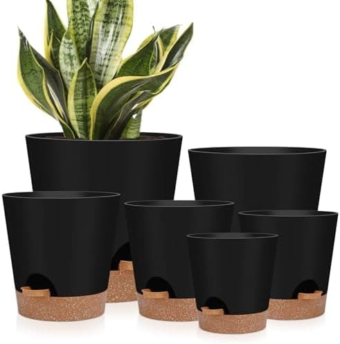 YNNICO Indoor Self Watering Planters with Drainage Holes and Saucers, 8, 7, 6.5, 6, 5.5, 5 Inches, Black, 6 Pots Global Recycled…