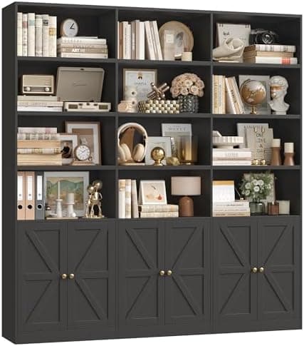 FACBOTALL 75" Triple Wide Bookshelf, Bookshelf and Bookcase with 6 Farmhouse Doors, 71" Wide 6 Tier Book…