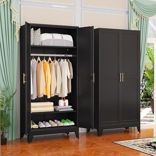 GAIOUS Metal Wardrobe Cabinet with Hanging Rod, 71" Metal Clothing Storage Cabinets with 2 Doors and Adjustable Shelves, Black…