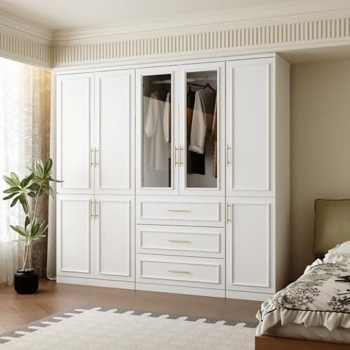 FUFU&GAGA Wardrobe Closet Collection with Doors, Modern White Bedroom Armoire System with Gold Handles, Modern Clothes Storage…