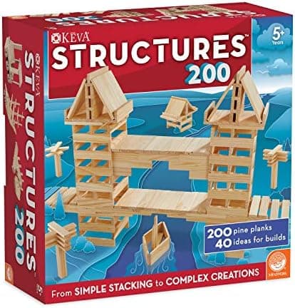 KEVA Structures 200 Wood Building Planks Set - Building Toy Includes 200 Wooden Blocks and Idea Book - Ages 5 and Up