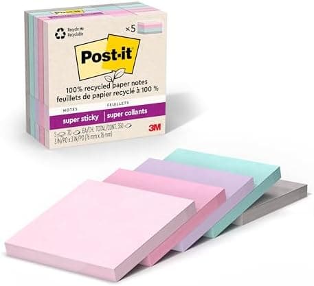 Post-it 100% Recycled Paper Super Sticky Notes, 3 in. x 3 in., 5 Pads, 70 Sheets per Pad, Wanderlust Pastels…