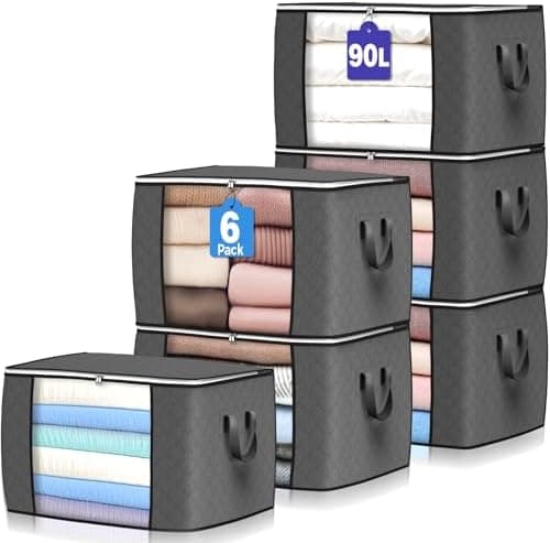 90 L Large Storage Bags, 6 Pack Clothes Storage Bins Foldable Closet Organizers Storage Containers with Reinforced Handle for…
