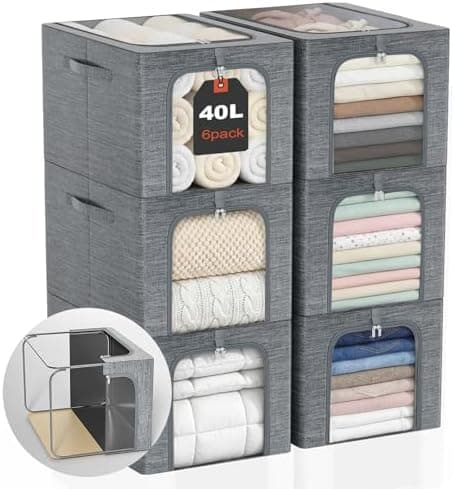 GoMaihe Clothes Storage Bin with Metal Frame: 6-Pack Stackable Closet Storage Bin with Lid & Clear Window, Sweater Boxes Storage…