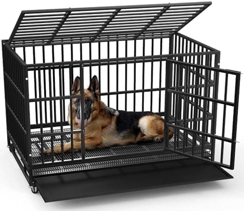 LEMBERI 48 Inch Heavy Duty Indestructible Dog Crate, 500lbs Capacity Escape Proof Double Door Kennel with Lockable Wheels, 36"…