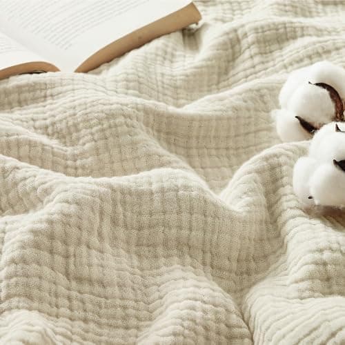 Bedsure 100% Cotton Muslin Blankets for Adults Large Throw 50x70 Inches - 4-Layer Breathable and…