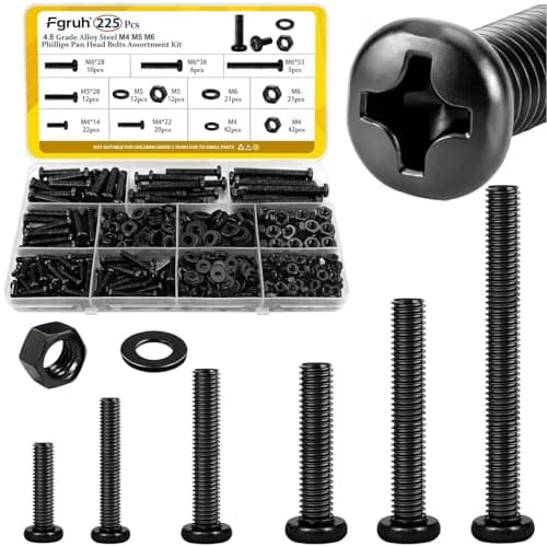 225pcs Screws and Nuts Assortment Kit,M4 M5 M6 Phillips Pan Head Assorted Nuts and Bolts,Washers Kit for Headboard, Wall Plate…