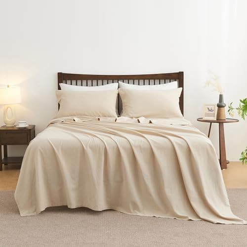 Simple&Opulence Belgian Linen Sheet Set Solid Color - 4 Pieces (1 Flat Sheet, 1 Fitted Sheet & 2 Pillowcases) Natural Flax Cotton…