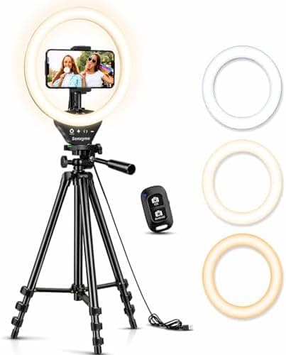 Sensyne Ring Light with Stand, 50" Phone Tripod for iPhone & Android, LED Ring Light with Remote, 3 Color…