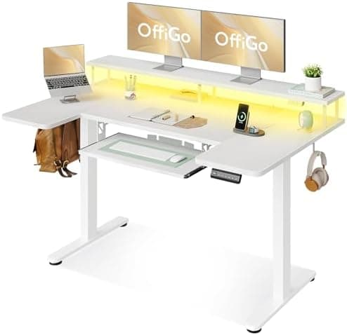 OffiGo U Shaped Electric Standing Desk with Keyboard Tray, 55 Inch Height Adjustable Desk with Power Outlets…