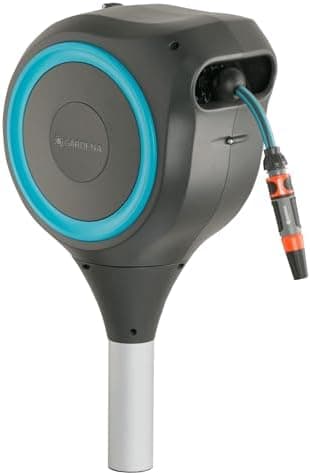 GARDENA Automatic Retractable Garden Hose Reel - 50 Feet - 360 Degree Swivel Outdoor Hose Reel with Metal Spike Base - Auto…