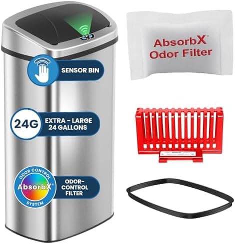 iTouchless 24 Gallon Extra Large Touchless Sensor Trash Can with AbsorbX Odor Filter, 91L Commercial Stainless Steel Automatic…