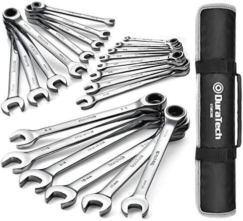 DURATECH Ratcheting Wrench Set, Combination Wrench Set, SAE & Metric, 22-piece, 1/4" to 3/4" & 6-18mm, CR-V Steel, with Pouch