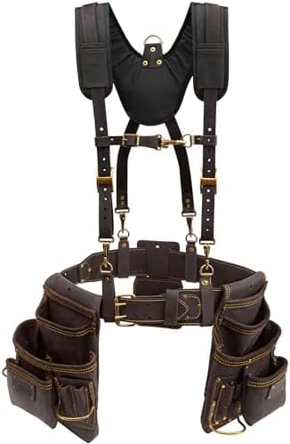 OX Pro Oil Tanned Leather Tool Belt with Padded Suspenders Leather Carpenter Tool Belt with Suspenders and Pouches Dual Hammer…