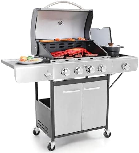 Captiva Designs 4-Burner Propane Gas BBQ Grill with Side Burner & Porcelain-Enameled Cast Iron Grates, 42,000 BTU Output…