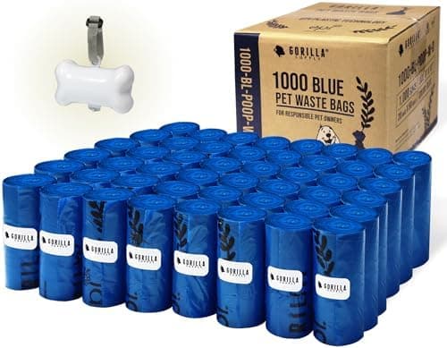 GORILLA SUPPLY 1000 Dog Poop Waste Bags with Dispenser and Leash Tie, 9" x 13", Blue, 1000 Count