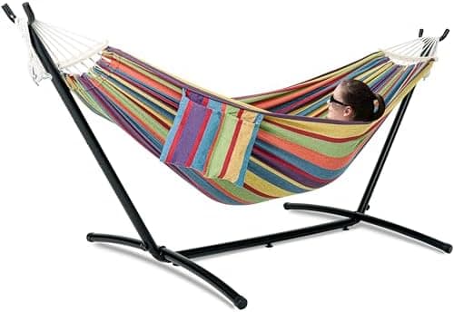GAFETE Double Hammock with Stand for Outside, Upgraded Spreader Bar, Heavy Duty Space Saving Steel Stand 2 Person, Side Pockets…