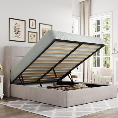 Allewie Queen Size Lift Up Storage Bed, Modern Wingback Headboard, Hydraulic Support, No Box Spring Needed…