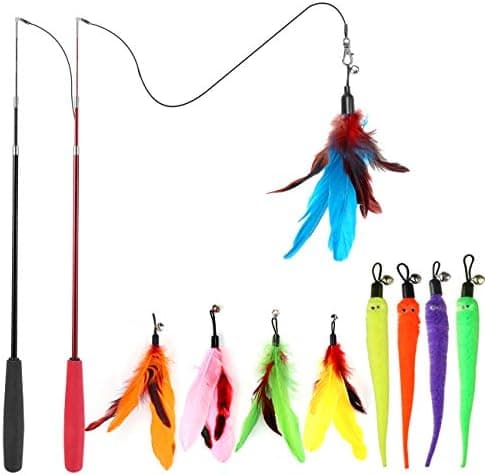 MeoHui Cat Toys for Indoor Cats, Interactive Cat Toy 2PCS Retractable Wand Toy and 9PCS Cat Feather Toys Refills, Funny Kitten…