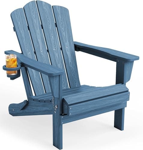 KINGYES Folding Adirondack Chair, HDPE All-Weather Patio Chairs with Cup Holder, Wooden Textured Fire Pit Chairs for Poolside…