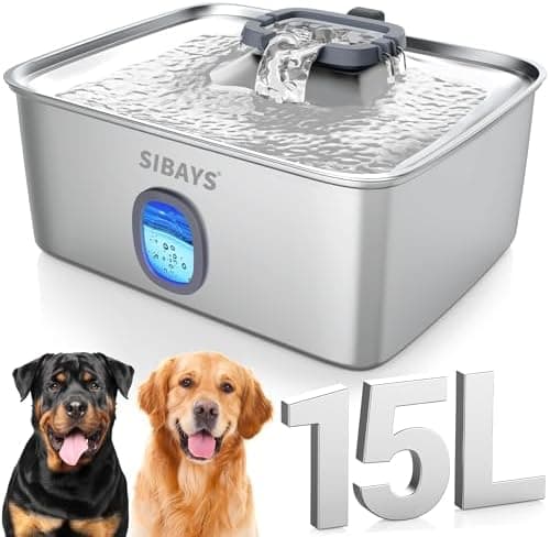 SIBAYS 4Gal/15L Large Dog Water Fountain, Stainless Steel Pet Fountain with Water Window & LED Light, Ultra Quiet Automatic Dog…