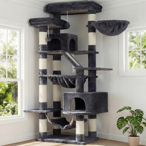 Heybly Cat Tree, 71-Inch-Tall Tower for Indoor Cats with 2 Perches, 2 Big Condos, 2 Hammocks, Basket, Scratching Pad, Large Cat…