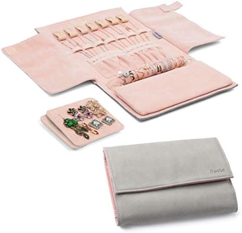 Becko US Becko US Jewelry Organizer Roll Travel Jewel Bag case for Multiple Necklaces, Rings, Bracelets, Supple Leather & Suede…