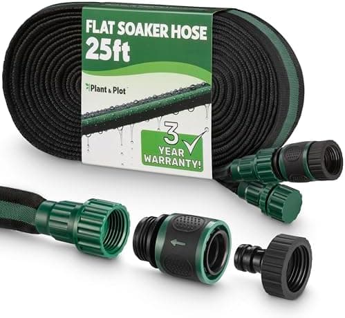 Flat Soaker Hose 25ft for Garden // Drip Hose for Garden Beds, Lawns and Trees // Heavy Duty Leakproof Design with Quick Connect…