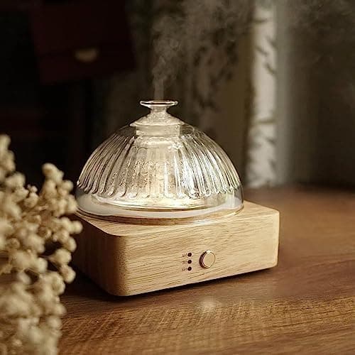 Glass Dome Essential Oil Diffuser with Glass Reservoir & Wood Base-No Plastic, 200ml Ultrasonic Diffuser for Aromatherapy with…