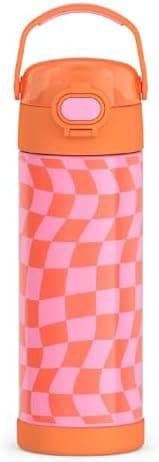 THERMOS FUNTAINER 16 Ounce Stainless Steel Vacuum Insulated Bottle with Wide Spout Lid, Wavy Checkers Orange