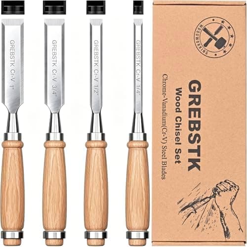 GREBSTK 4-Piece Ultra-Sharp Wood Chisel Set, CR-V Steel Beveled Blades with Guards, Comfortable & Durable Handle, for Carving…