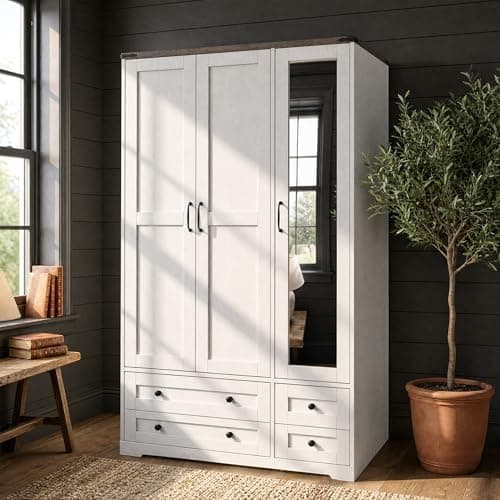 Yechen 71" Wooden Armoire Wardrobe Closet with Mirror and 4 Drawers, 3-Door Modern Functional…