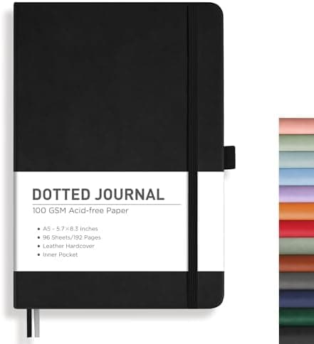 RETTACY Dotted Journal Notebook, 192 Pages, A5 Medium Size (5.7'' x 8.3''), Leather Hardcover, 100 GSM Thick…