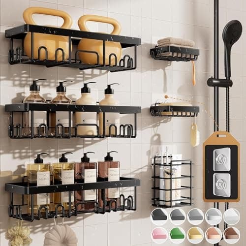 Veken Shower Caddy 6-Pack, Advanced Rustproof Design, No Drilling Adhesive Shelves, Rack with Soap Holder…