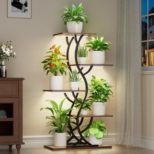 Plant Stand Indoor with Grow Lights - 44" Tall Corner Plant Stands for Indoor Plants, 5 Tiered Metal Plant Shelf, Curved Plant…