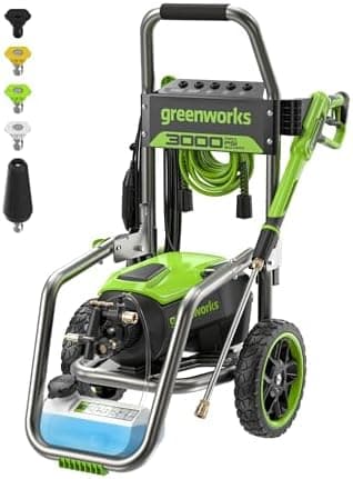 Greenworks 3000 PSI (2.0 GPM Max) Brushless Electric Pressure Washer (15°, 25°, 40°, Turbo and Soap Nozzle) for Use On Decks…