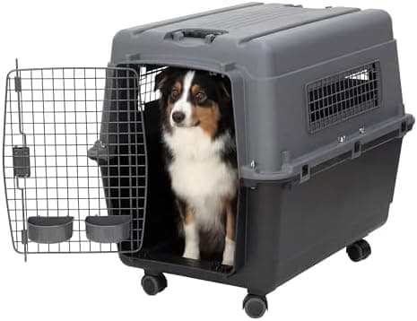 SportPet Airline Compliant LARGE 31.5" Travel Dog Kennel- Durable Plastic Airline Pet Carrier w/ Removable Wheels & Food Bowls…