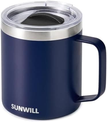 SUNWILL Insulated Coffee Mug with Lid, Travel Tumbler with Handle, 14oz Stainless Steel Cup for Camping, Office, Home, Powder…