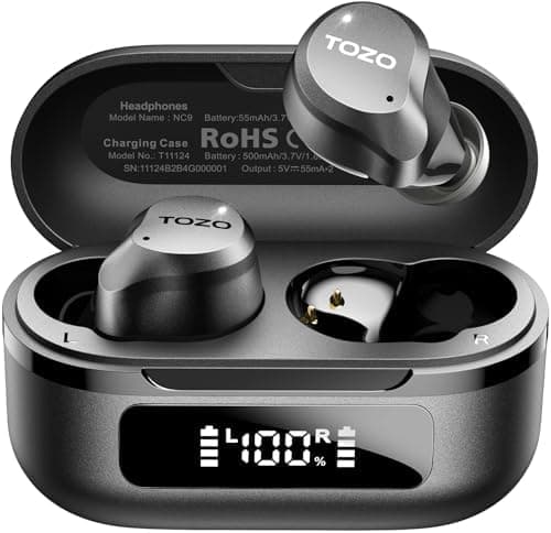 TOZO NC9 Hybrid Active Noise Cancelling Wireless Earbuds, 6 Mics ENC Clear Call, IPX8 Waterproof, in Ear Bluetooth 5.3 Headphones…