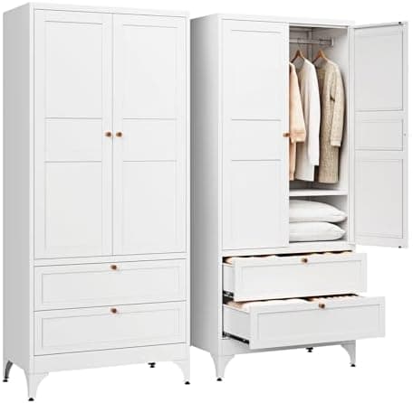Letaya Metal Armoire Wardrobe Closet with 2 Drawers,18" Deep Clothing Storage Cabinet with Doors and…