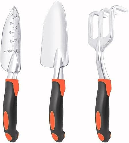 Garden Tools Set, 3 Pack Heavy Duty Gardening Tools Set Include Garden Shovel, Transplant Trowel and Hand Rake with Ergonomic…