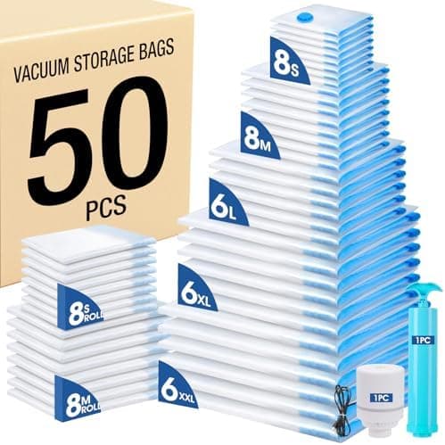 AROIC 50 Pack Vacuum Storage Bags, 5 Sizes + 2 Roll-up (8 Each) Space Saver Vacuum Sealer Bags for Clothing with 1 Electric Pump…